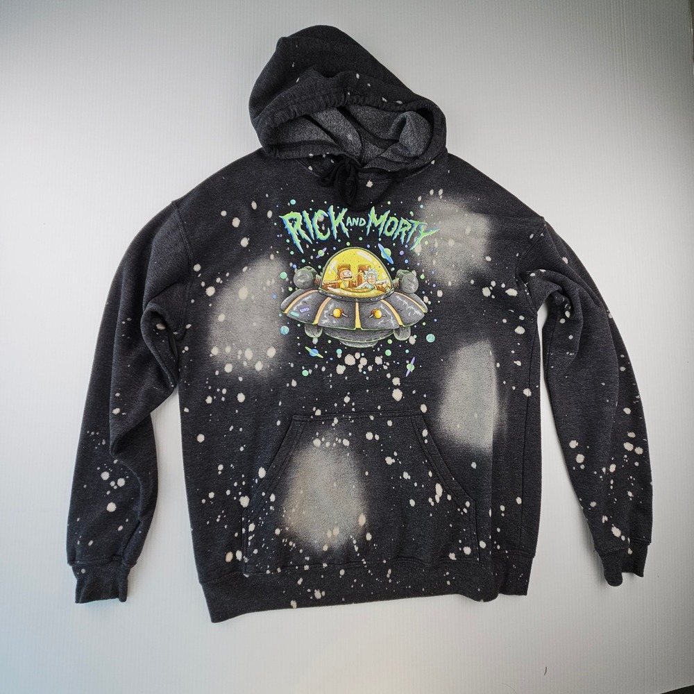 Rick and Morty Hybrid Apparel Bleached Hoodie Adult Swim Spacecore Black Medium